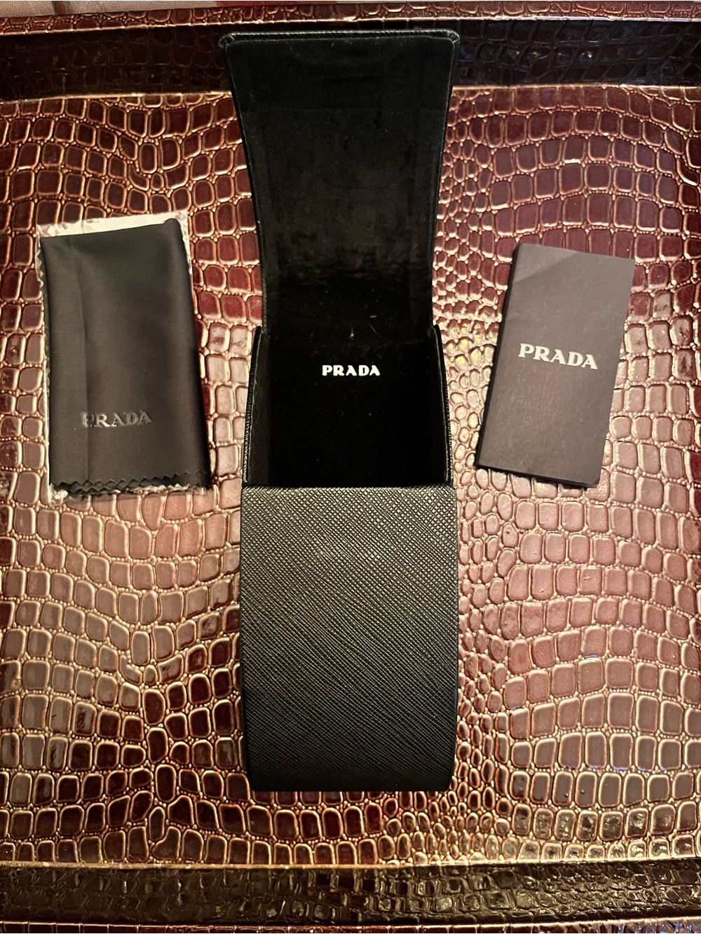 Prada Black Saffiano Leather Hard Shell Case w/Black Cloth & Authentication